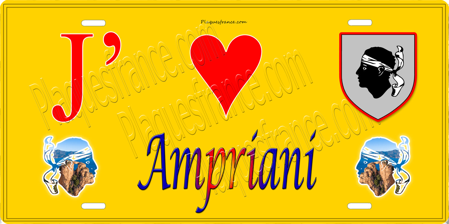 Plaque métal décorative 15 x 30 cm jaune J' ❤️ Ampriani Canton de Ghisonaccia Haute-Corse