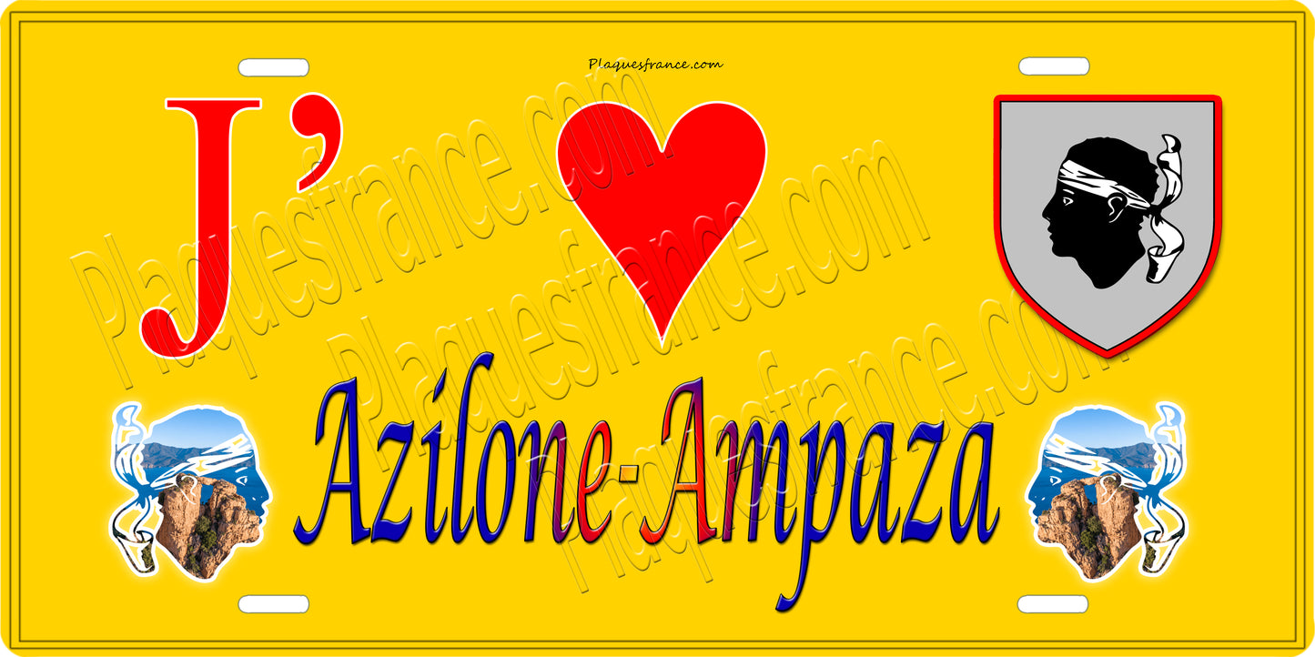 Plaque métal décorative 15 x 30 cm jaune J' ❤️ Azilone Ampaza canton de Taravo-Ornano Corse du Sud