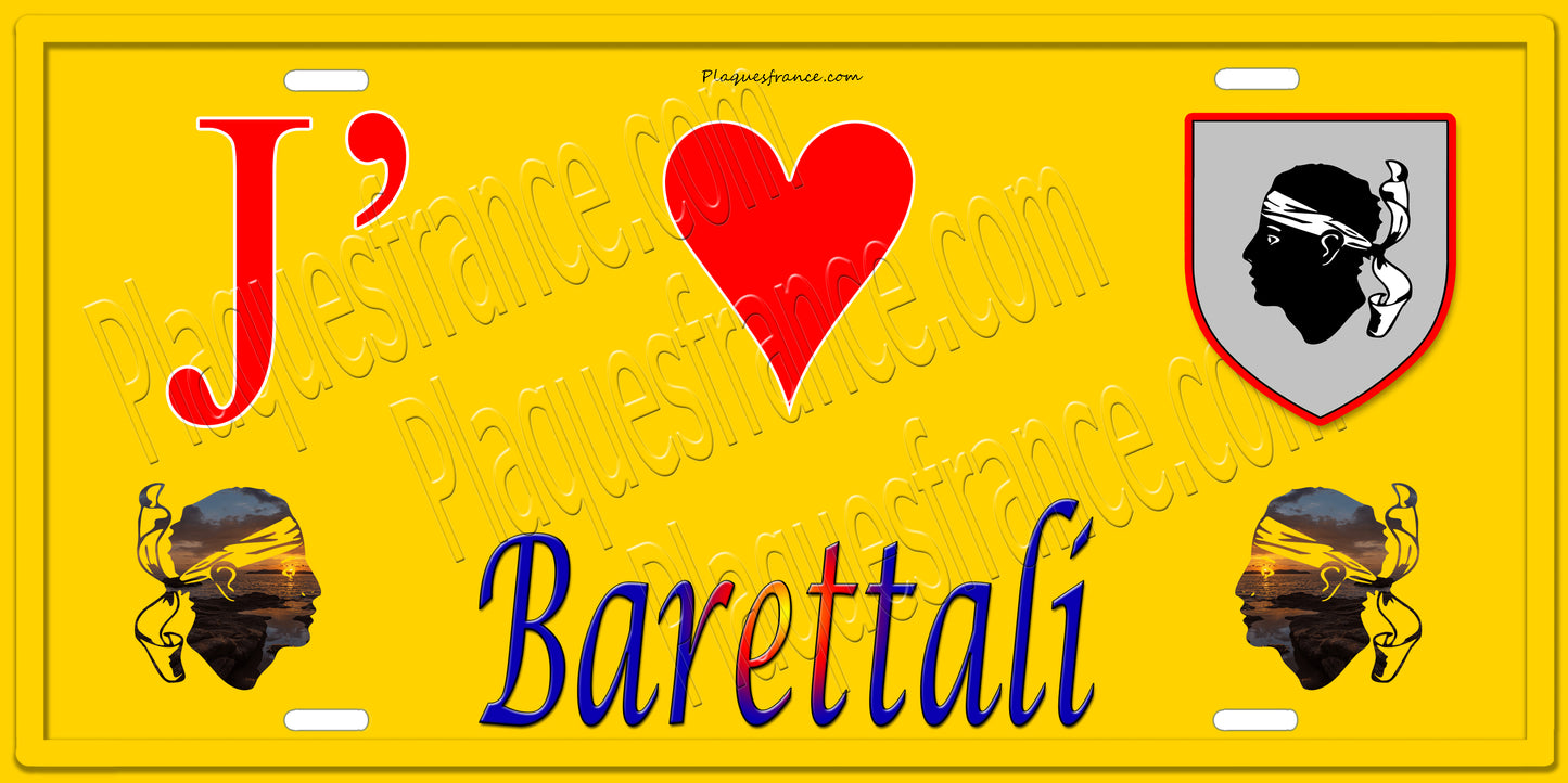 Plaque métal décorative 15 x 30 cm jaune J' ❤️ Barrettali Canton du Cap Corse Haute-Corse