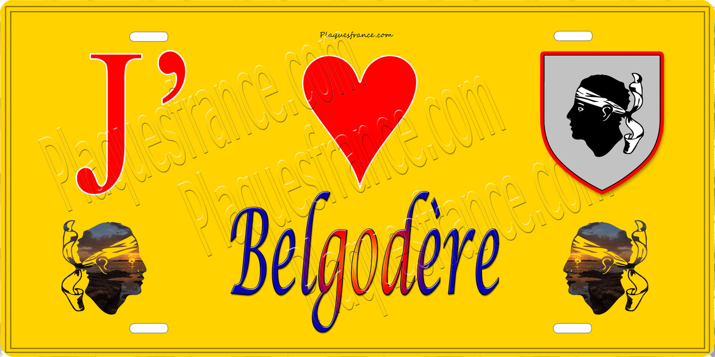 Plaque métal décorative 15 x 30 cm jaune J' ❤️ Belgodère Canton de L'Île-Rousse Haute-Corse