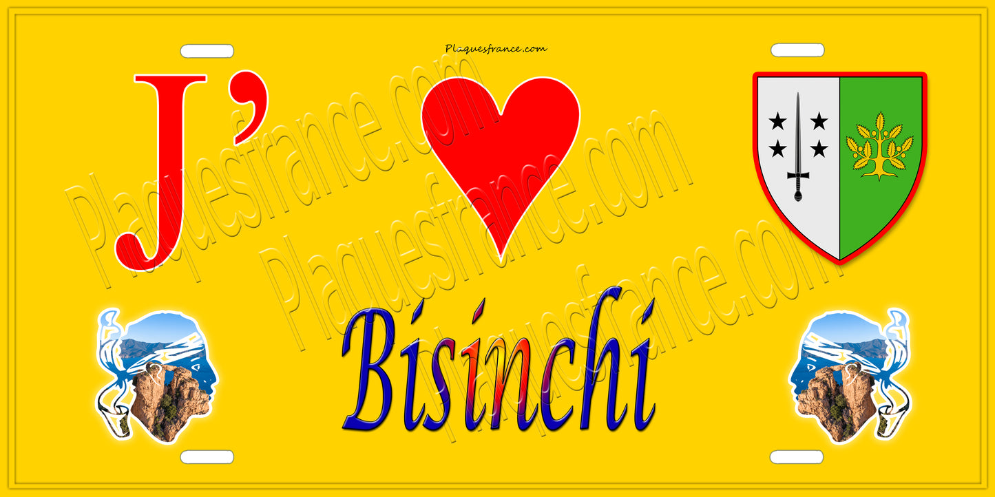 Plaque métal décorative 15 x 30 cm jaune J' ❤️ Bisinchi Canton de Golo-Morosaglia Haute-Corse
