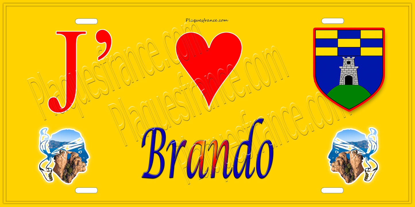 Plaque métal décorative 15 x 30 cm jaune J' ❤️ Brando Canton du Cap Corse Haute-Corse