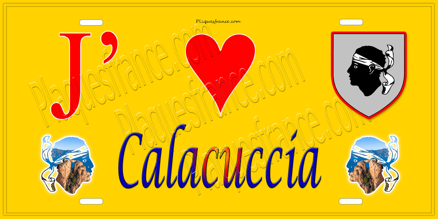 Plaque métal décorative 15 x 30 cm jaune J' ❤️ Calacuccia Canton Golo-Morosaglia Haute-Corse