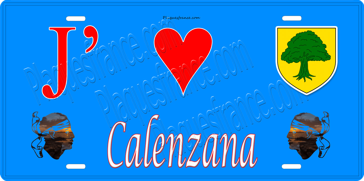 Plaque métal décorative 15 x 30 cm bleu J' ❤️ Calenzana Canton de Calvi Haute-Corse