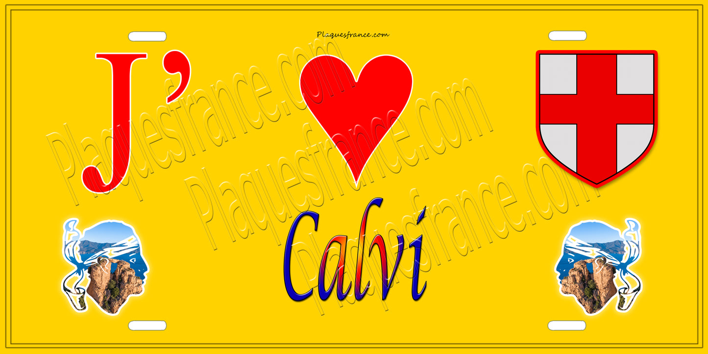 Plaque métal décorative 15 x 30 cm jaune J' ❤️ Calvi Canton de Calvi Haute-Corse