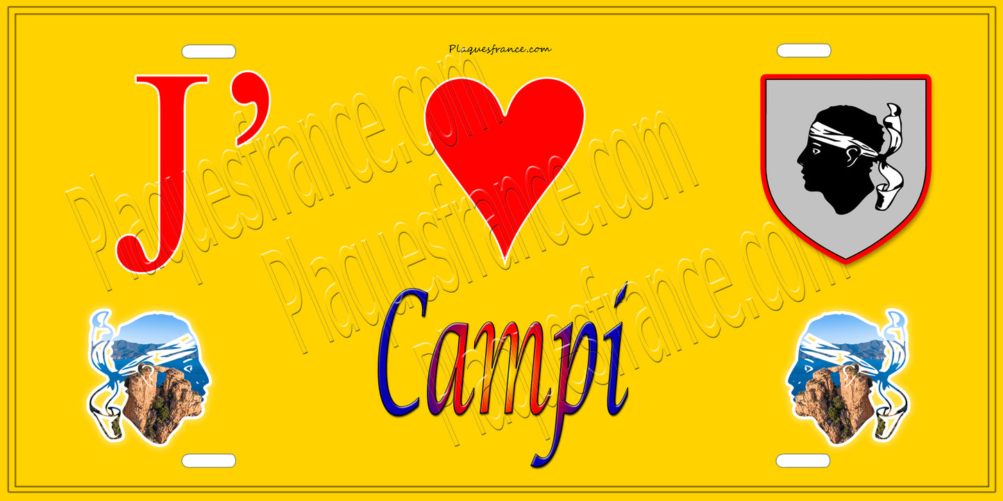 Plaque métal décorative 15 x 30 cm jaune J' ❤️ Campi Canton de Ghisonaccia Haute-Corse