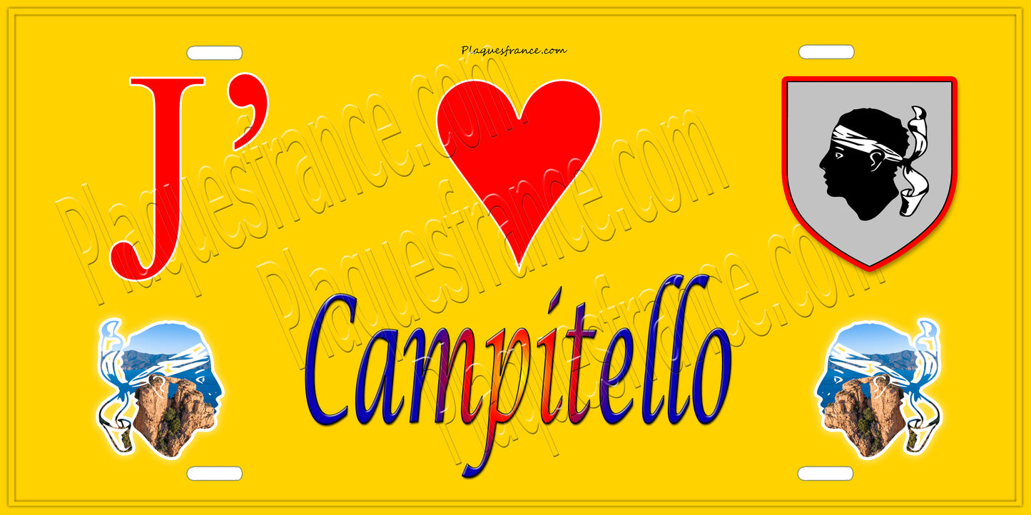 Plaque métal décorative 15 x 30 cm jaune J' ❤️ Campitello canton de Golo-Morosaglia Haute-Corse