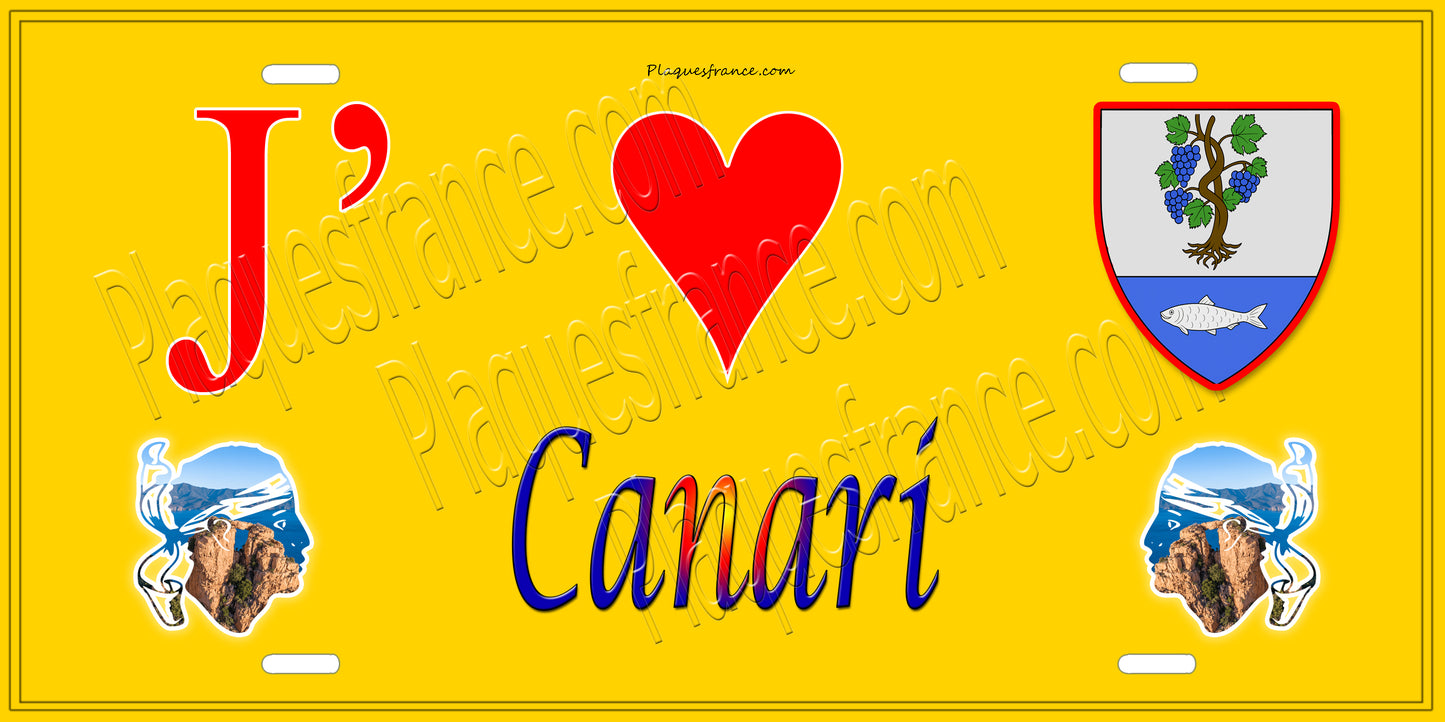 Plaque métal décorative 15 x 30 cm jaune J' ❤️ Canari Canton du Cap Corse Haute-Corse