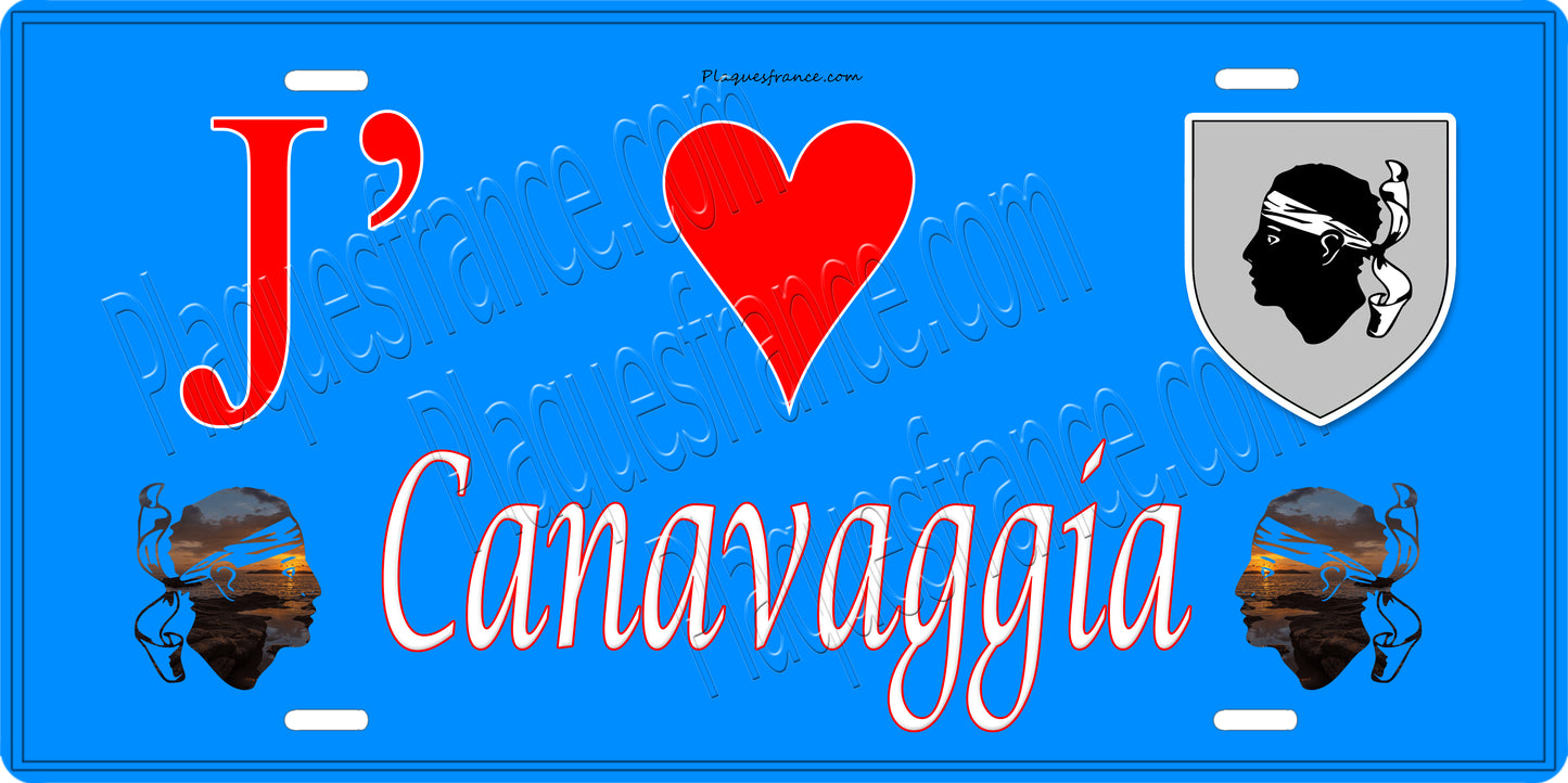 Plaque métal décorative 15 x 30 cm bleu J' ❤️ Canavaggia Canton de Golo-Morosaglia Haute-Corse