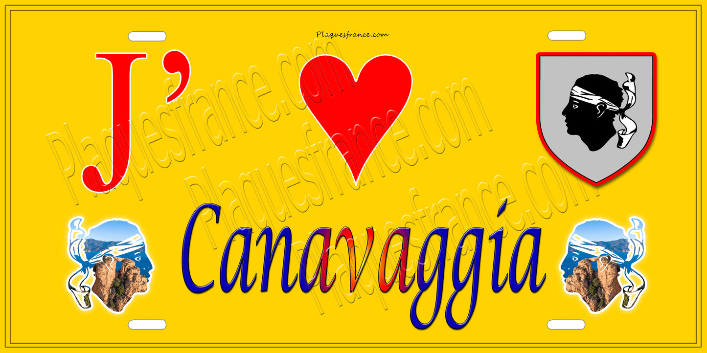 Plaque métal décorative 15 x 30 cm jaune J' ❤️ Canavaggia Canton de Golo-Morosaglia Haute-Corse