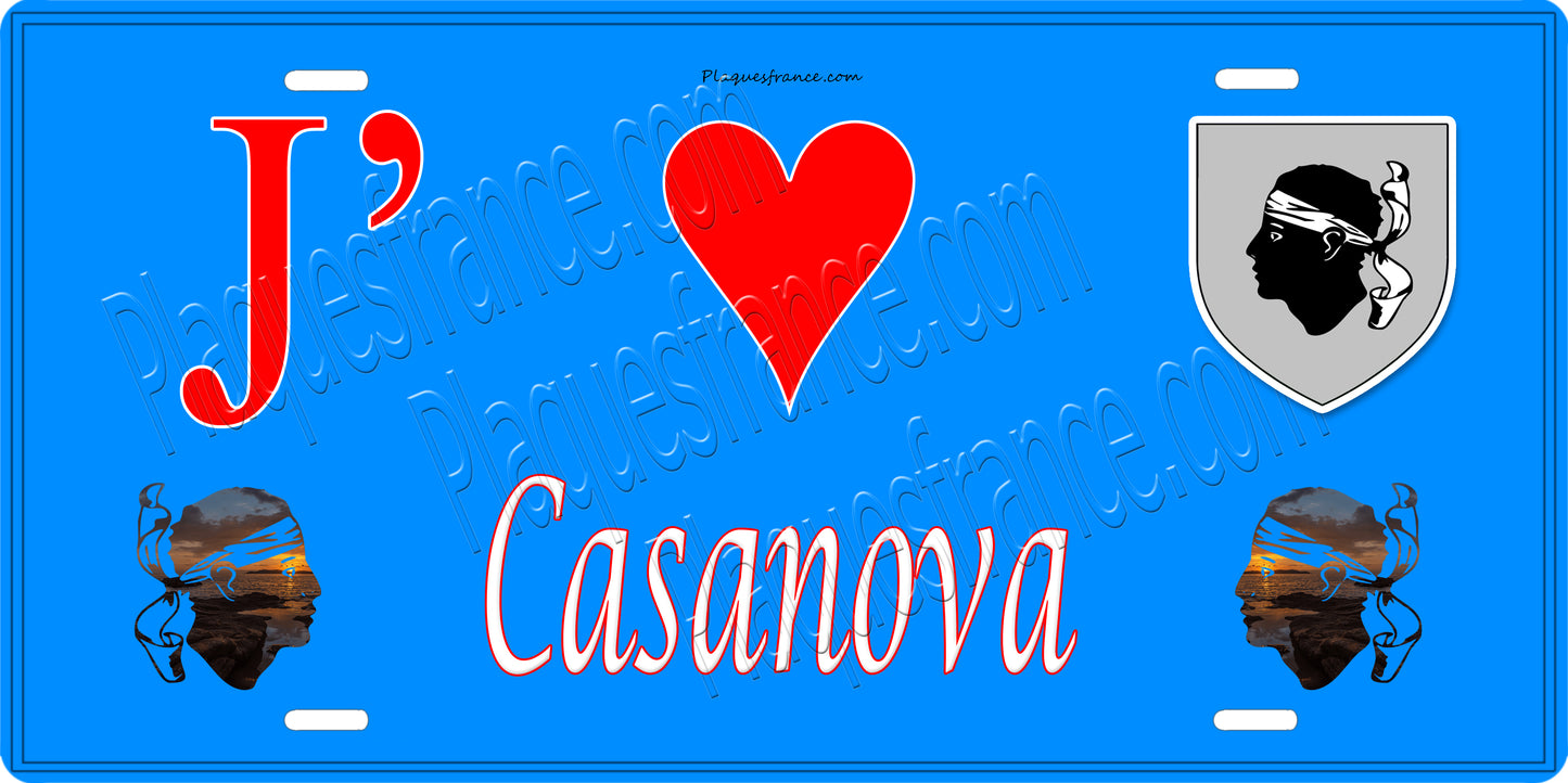Plaque métal décorative 15 x 30 cm bleu J' ❤️ Casanova Canton de Corte Haute-Corse