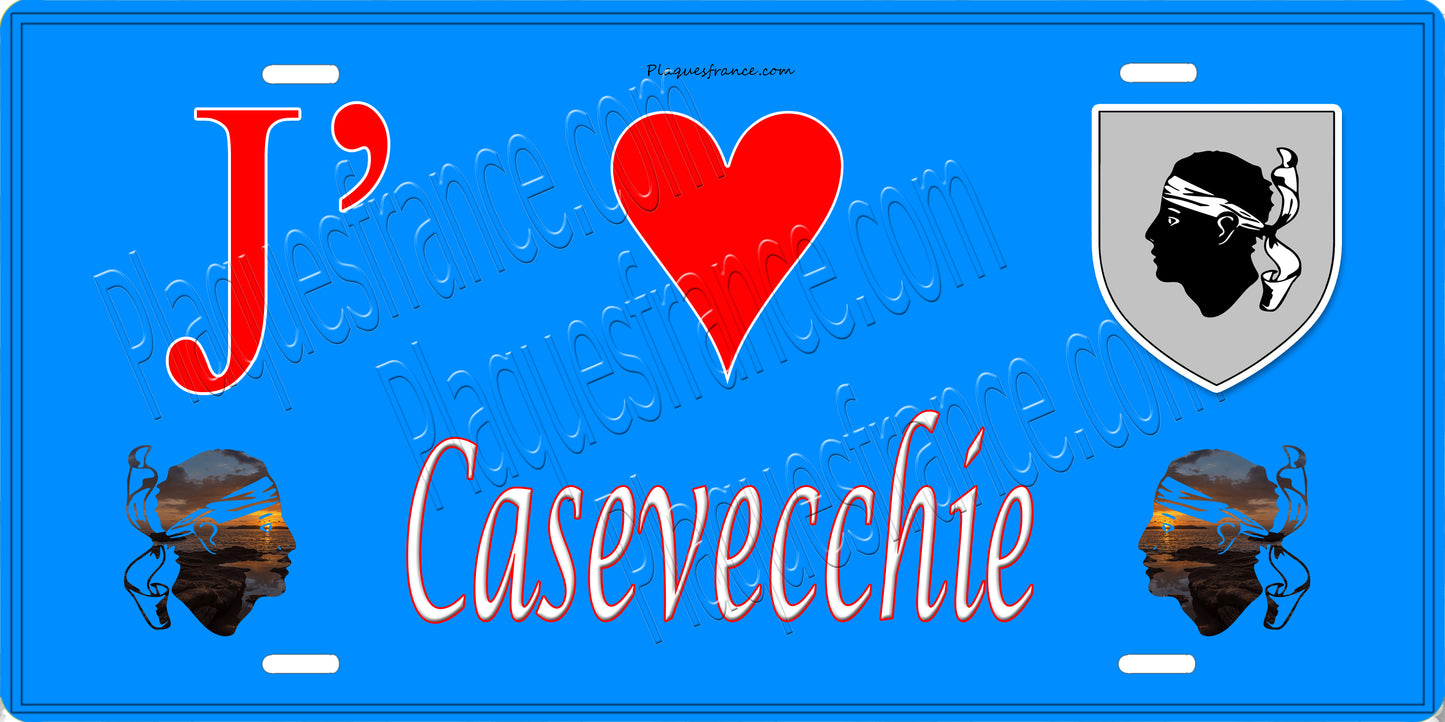 Plaque métal décorative 15 x 30 cm bleu J' ❤️ Casevecchie Canton de Ghisonaccia Haute-Corse