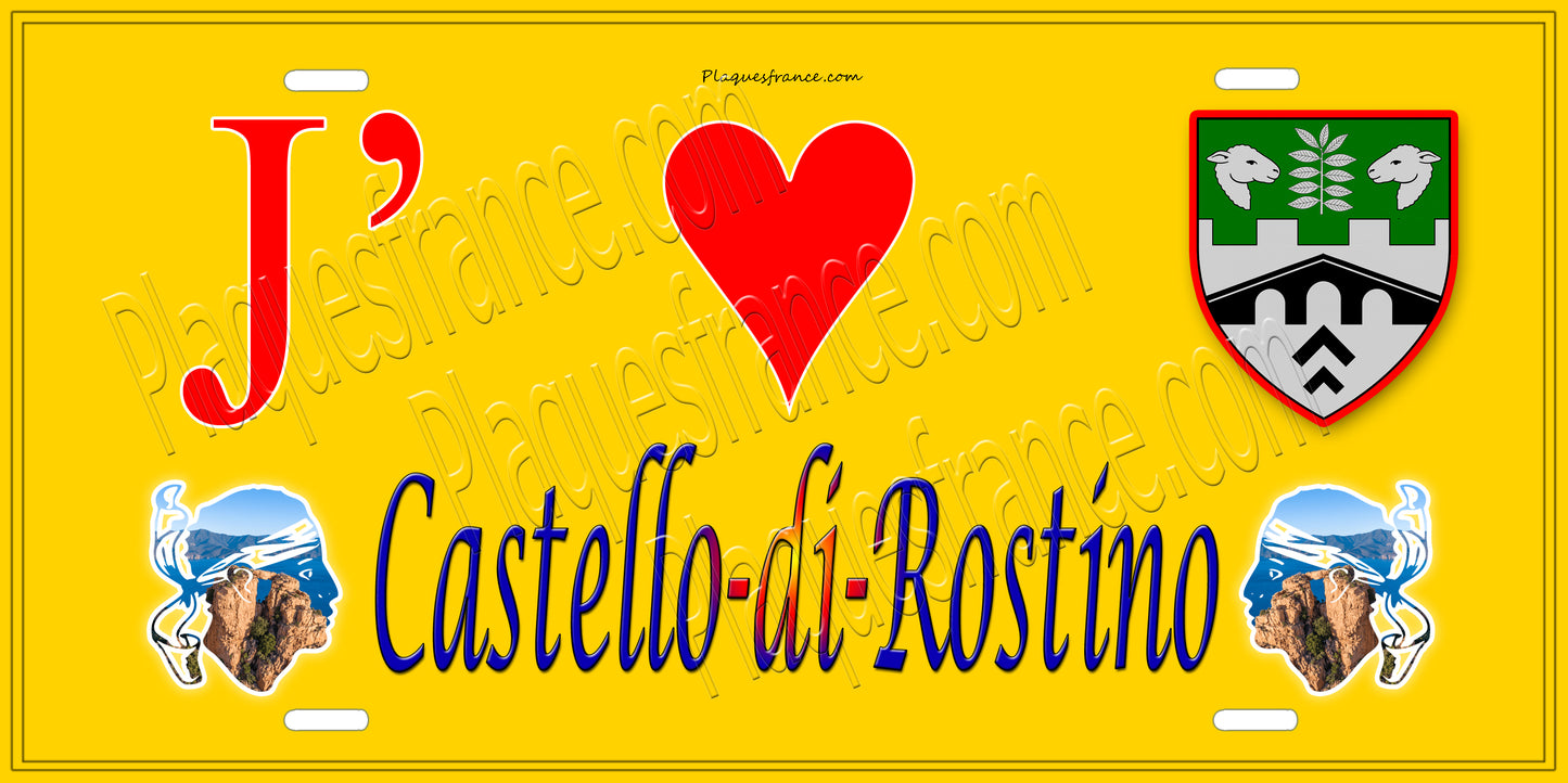 Plaque métal décorative 15 x 30 cm jaune J' ❤️ Castello-di-Rostino Canton de Golo-Morosaglia Haute-Corse