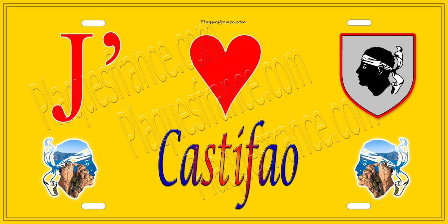 Plaque métal décorative 15 x 30 cm jaune J' ❤️ Castifao Canton de Golo-Morosaglia Haute-Corse