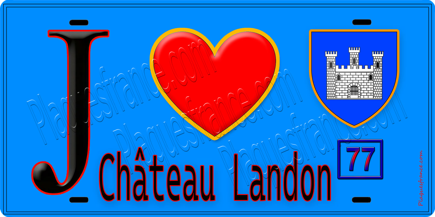 Plaque métal décorative J' ❤️Château-Landon, Seine et Marne (77) fond bleu