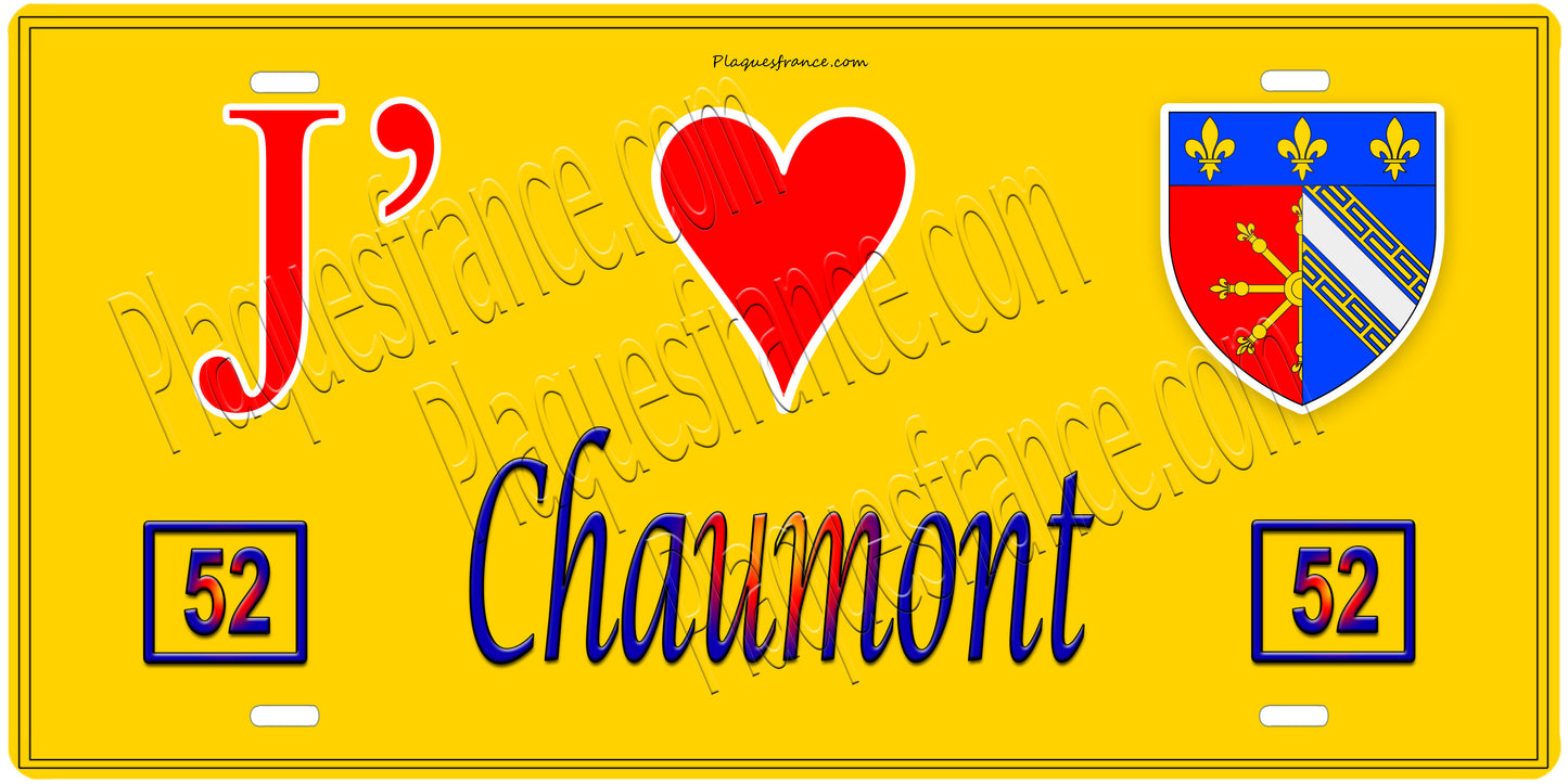 Plaque métal décorative,J'❤️Chaumont, Haute Marne, fond mur jaune 52