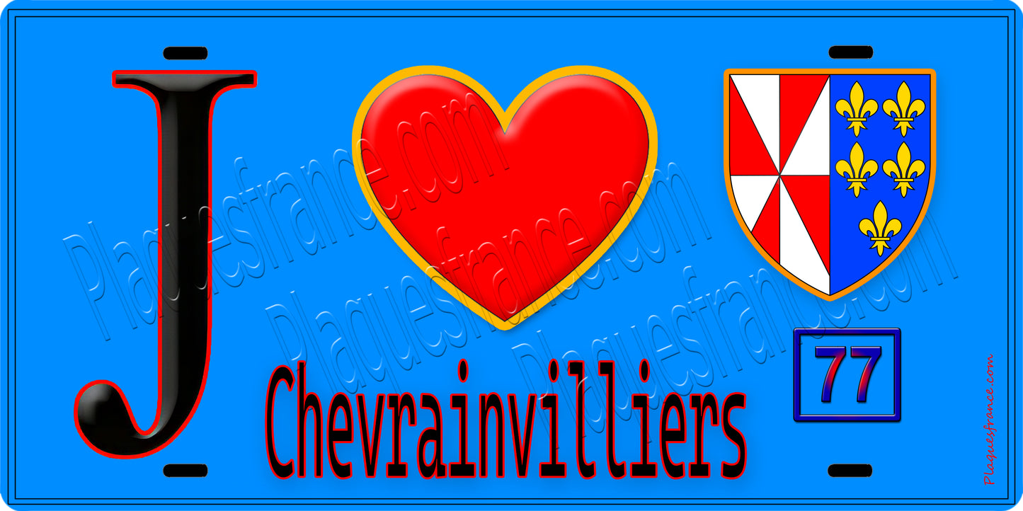 Plaque métal décorative J' ❤️Chevrainvilliers, Seine et Marne (77) fond bleu