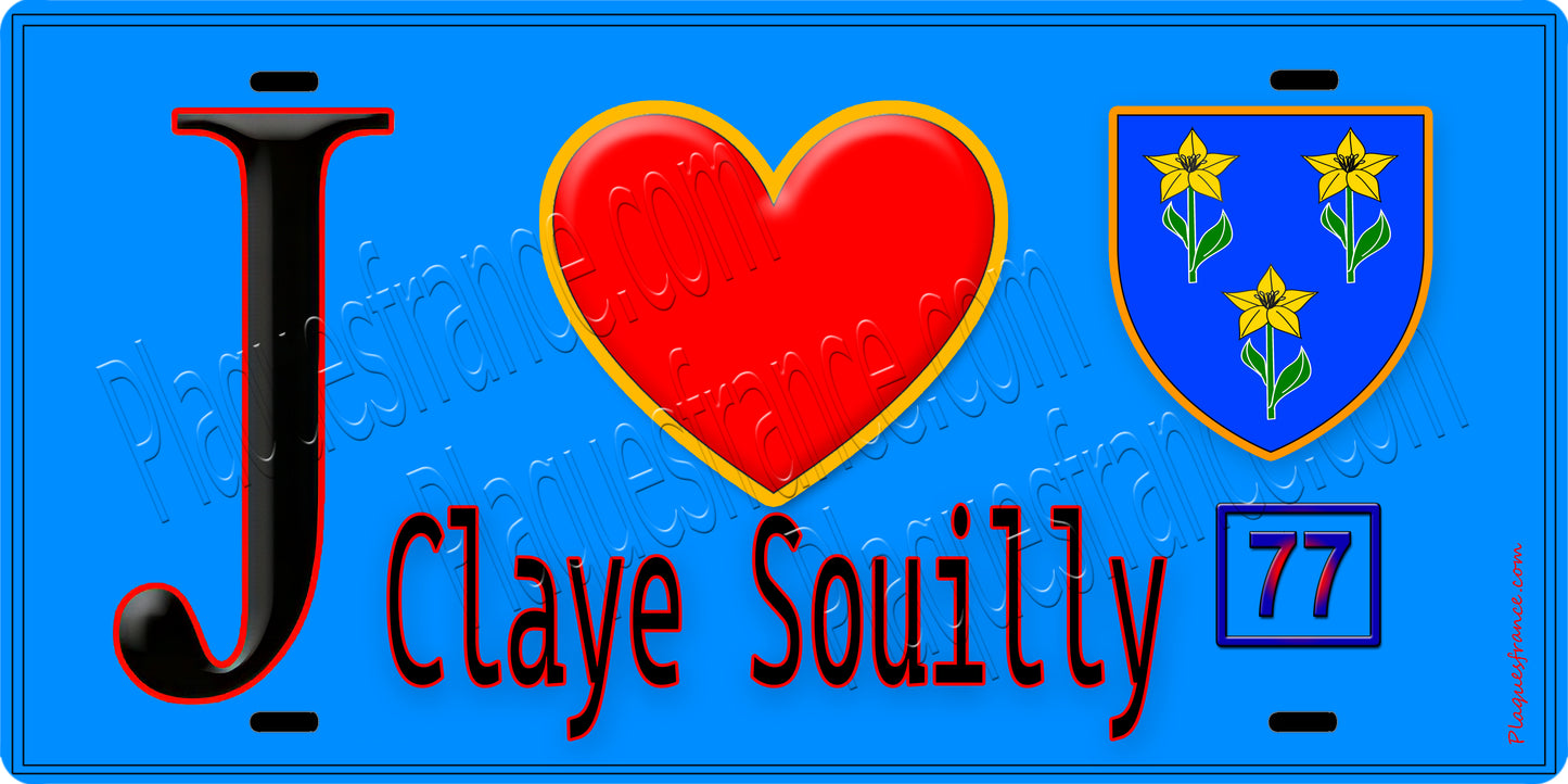 Plaque métal décorative J' ❤️Claye-Souilly, Seine et Marne (77) fond bleu