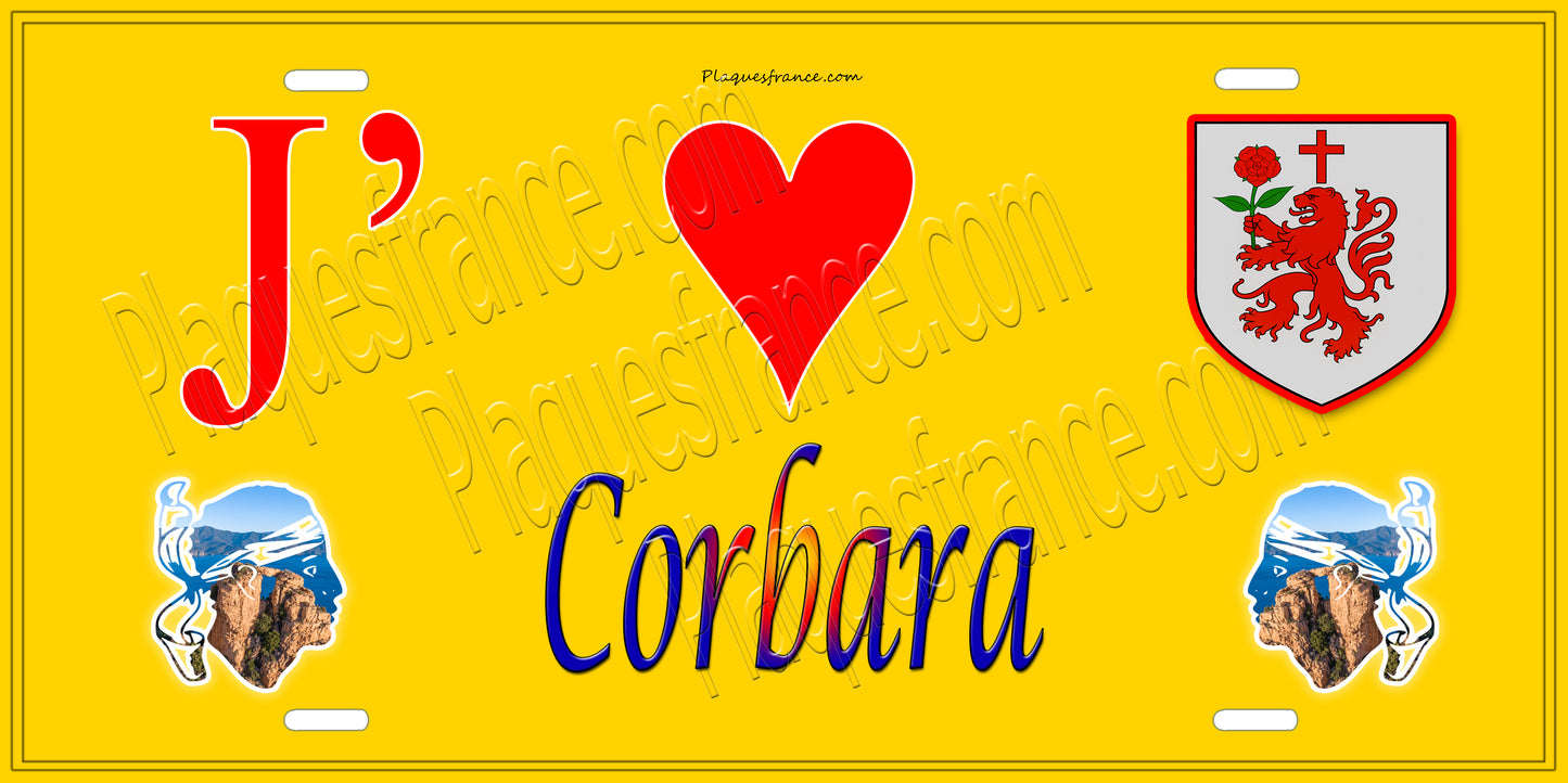 Plaque métal décorative 15 x 30 cm jaune J' ❤️ Corbara Canton de l'Île-Rousse Haute-Corse
