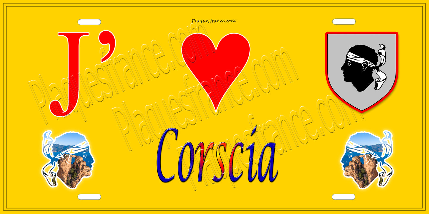 Plaque métal décorative 15 x 30 cm jaune J' ❤️ Corscia Canton de Golo-Morosaglia Haute-Corse