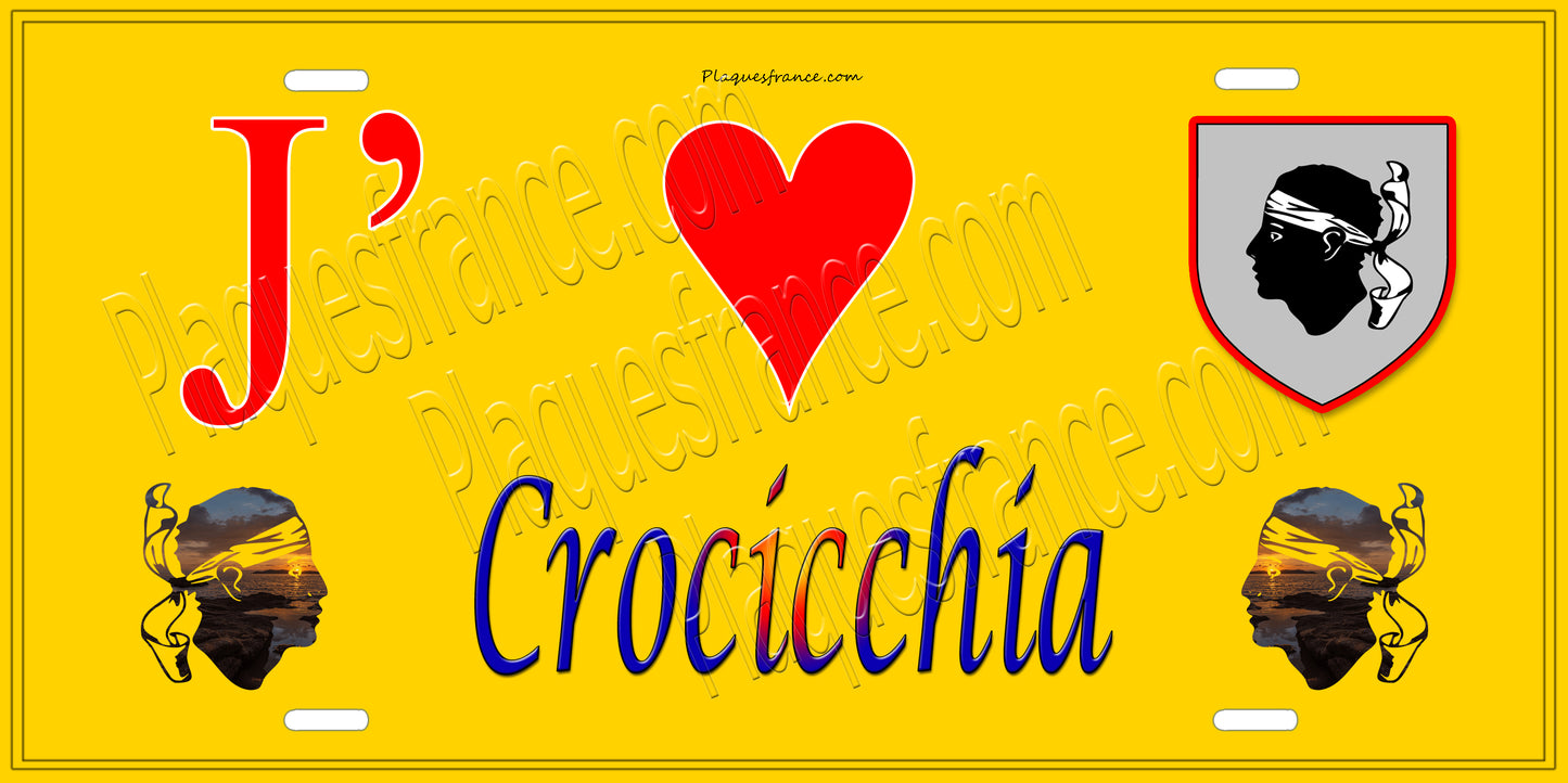 Plaque métal décorative 15 x 30 cm jaune J' ❤️ Crocicchia Canton de Golo-Morosaglia Haute-Corse