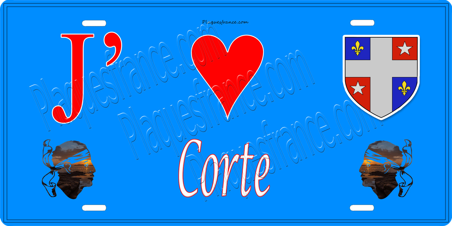 Plaque métal décorative 15 x 30 cm bleu J' ❤️ Corte Canton de Corte Haute-Corse