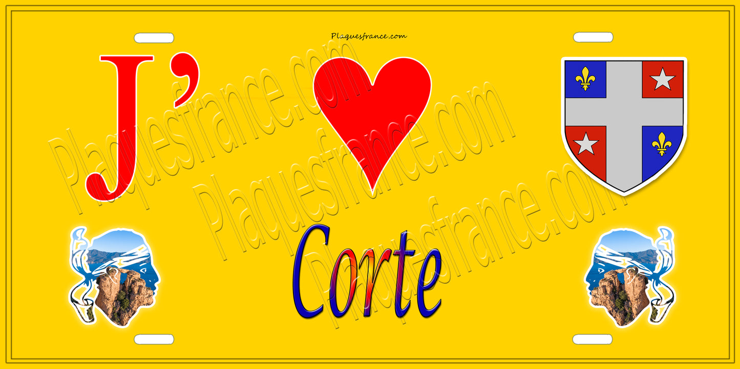 Plaque métal décorative 15 x 30 cm jaune J' ❤️ Corte Canton de Corte Haute-Corse
