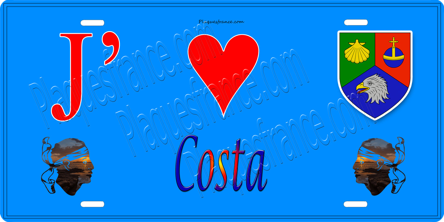 Plaque métal décorative 15 x 30 cm bleu J' ❤️ Costa Canton de l'Île-Rousse Haute-Corse