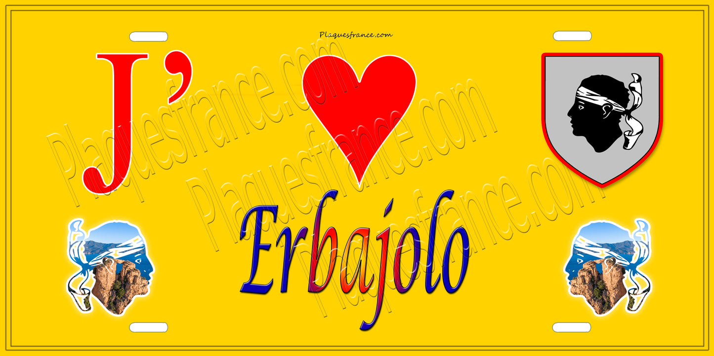 Plaque métal décorative 15 x 30 cm jaune J' ❤️ Erbajolo Canton de Golo-Morosaglia Haute-Corse