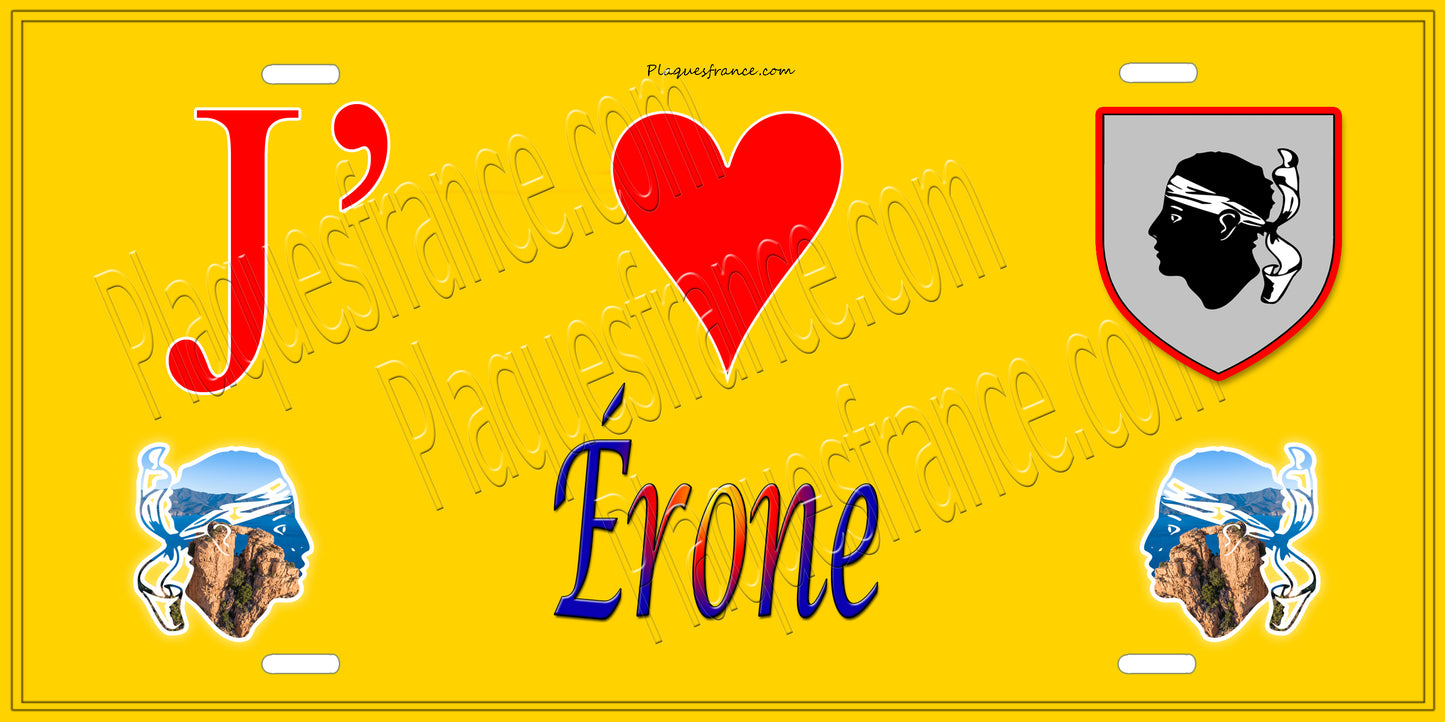 Plaque métal décorative 15 x 30 cm jaune J' ❤️ Érone Canton de Golo-Morosaglia Haute-Corse