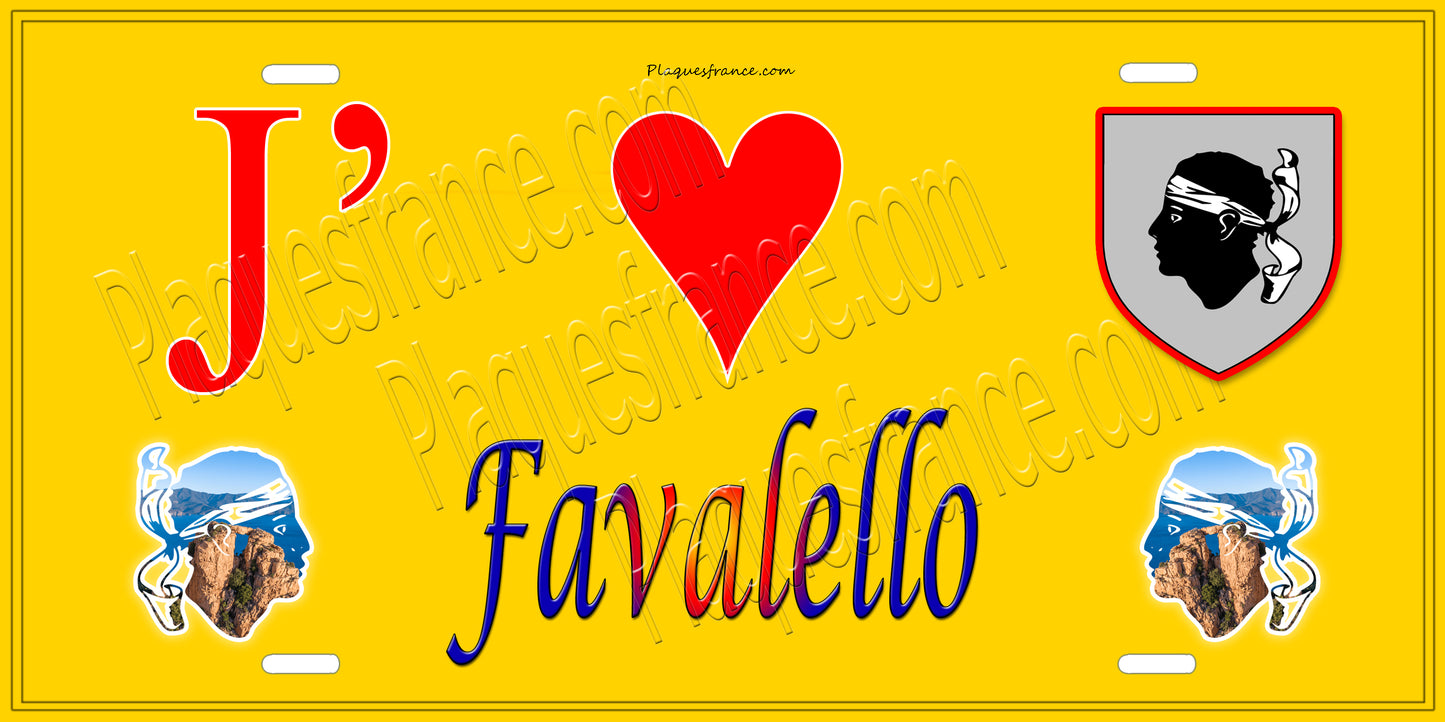 Plaque métal décorative 15 x 30 cm jaune J' ❤️ Favalello Canton de Golo-Morosaglia Haute-Corse