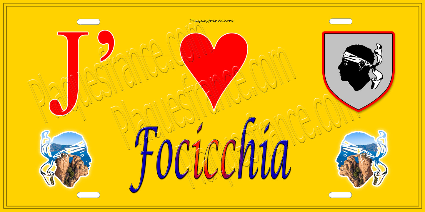 Plaque métal décorative 15 x 30 cm jaune J' ❤️ Focicchia Canton de Golo-Morosaglia Haute-Corse