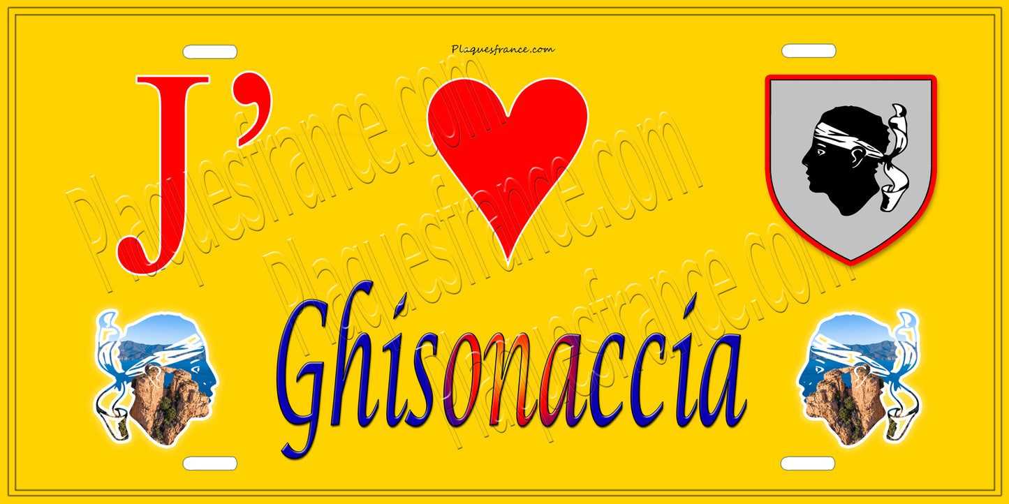 Plaque métal décorative 15 x 30 cm jaune J' ❤️ Ghisonaccia Canton de Ghisonaccia Haute-Corse