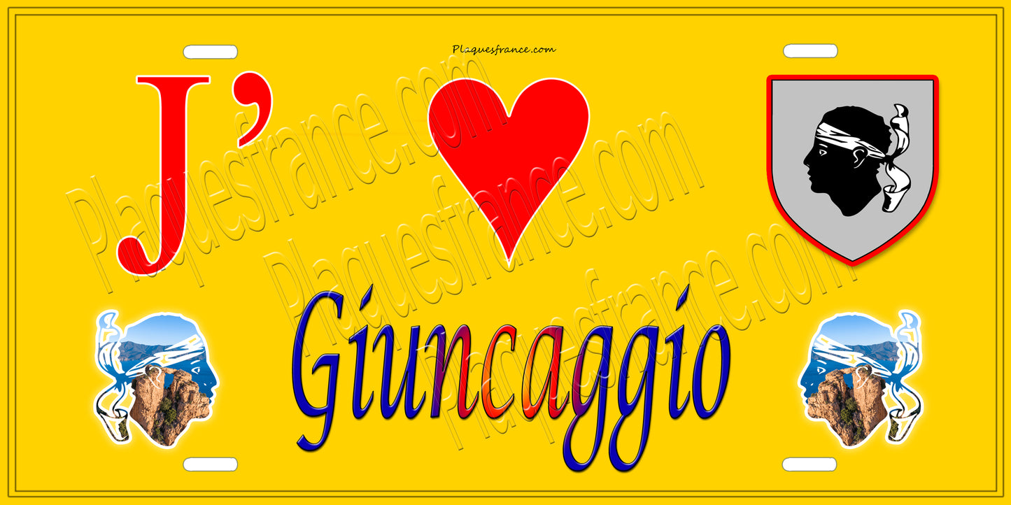 Plaque métal décorative 15 x 30 cm jaune J' ❤️ Giuncaggio Canton de Ghisonaccia Haute-Corse