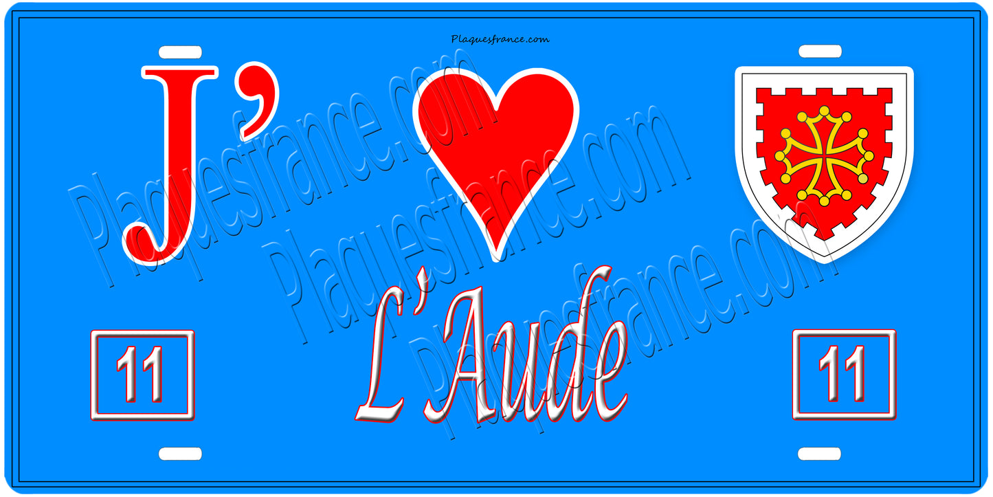 Plaque métal décorative, J' ❤️L'Aude, région Occitanie fond mur bleu 11