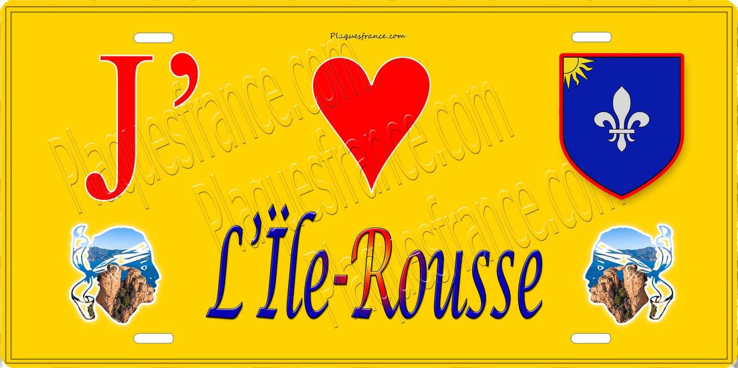 Plaque métal décorative 15 x 30 cm jaune J' ❤️ L'Île-Rousse Canton de L'Île-Rousse Haute-Corse