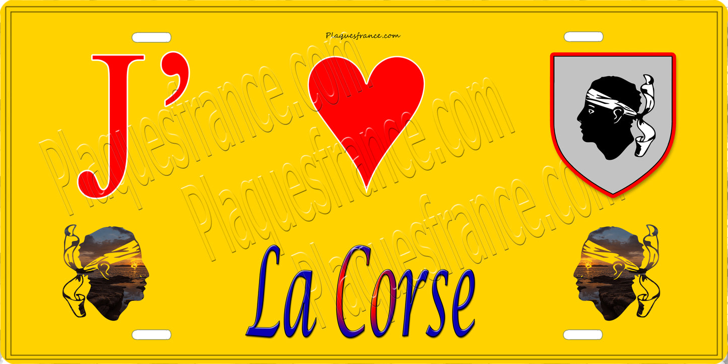 Plaque métal décorative 15 x 30 cm jaune J'❤️la Corse
