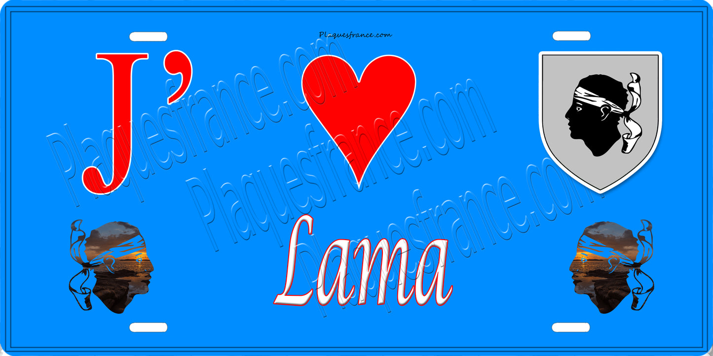 Plaque métal décorative 15 x 30 cm bleu J' ❤️ Lama Canton de l'Île-Rousse Haute-Corse