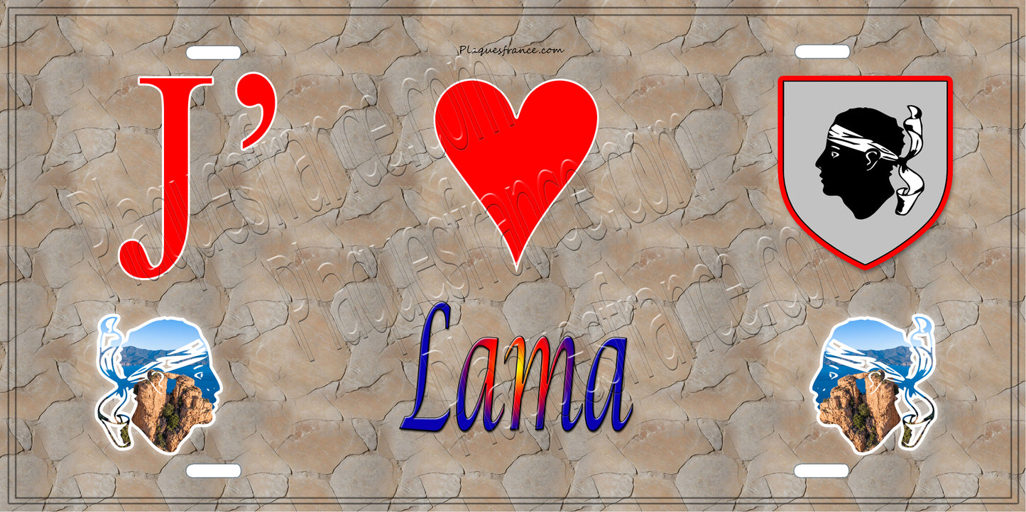 Plaque métal décorative 15 x 30 cm mur antique J' ❤️ Lama Canton de l'Île-Rousse Haute-Corse