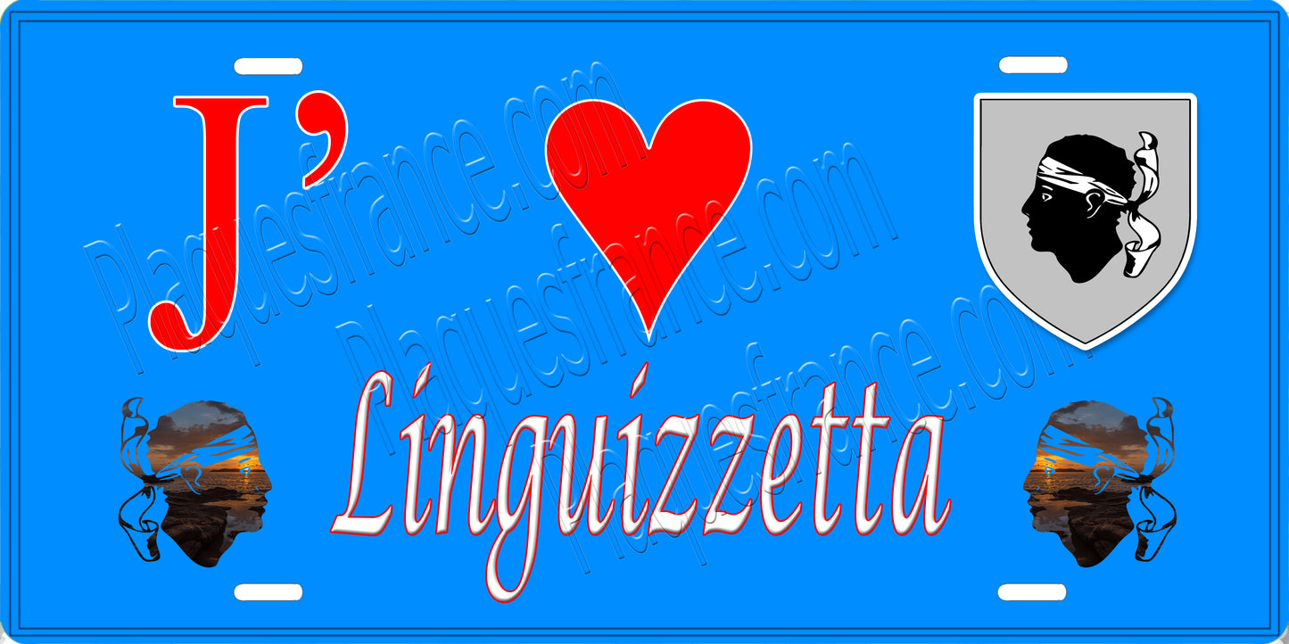 Plaque métal décorative 15 x 30 cm bleu J' ❤️ Linguizzetta Canton de Ghisonaccia Haute-Corse