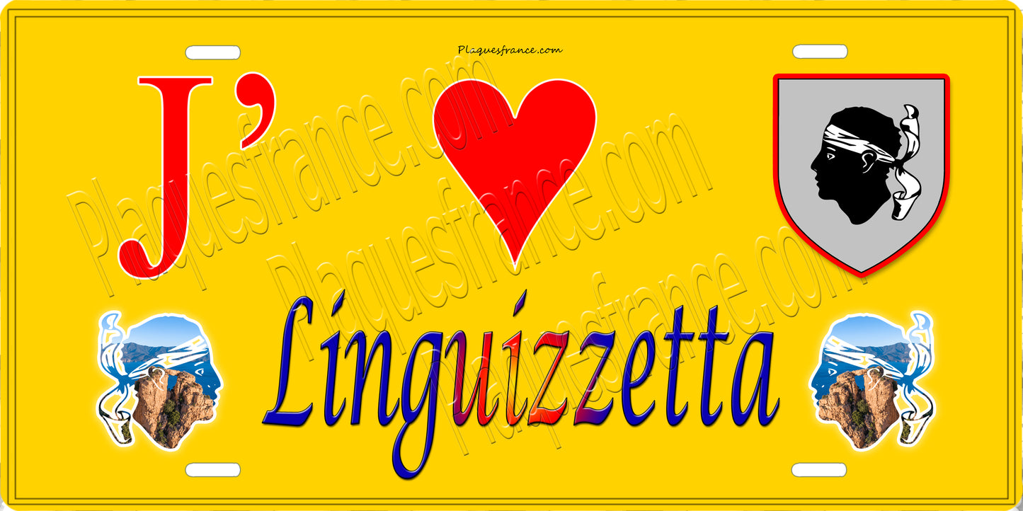 Plaque métal décorative 15 x 30 cm jaune J' ❤️ Linguizzetta Canton de Ghisonaccia Haute-Corse