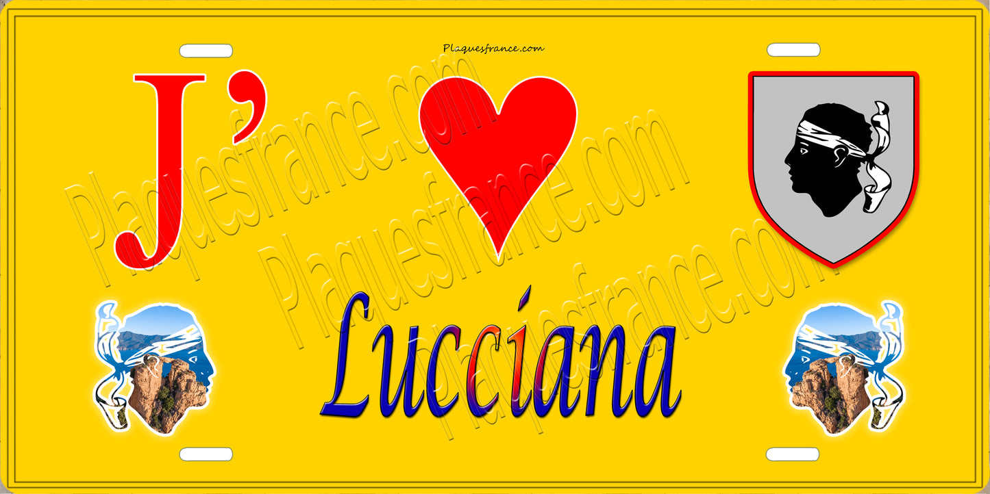 Plaque métal décorative 15 x 30 cm jaune J' ❤️ Lucciana Canton de Borgo Haute-Corse
