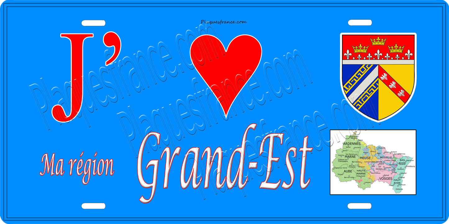 Plaque métal décorative 15 x30 bleu J' ❤️ la région Grand-Est