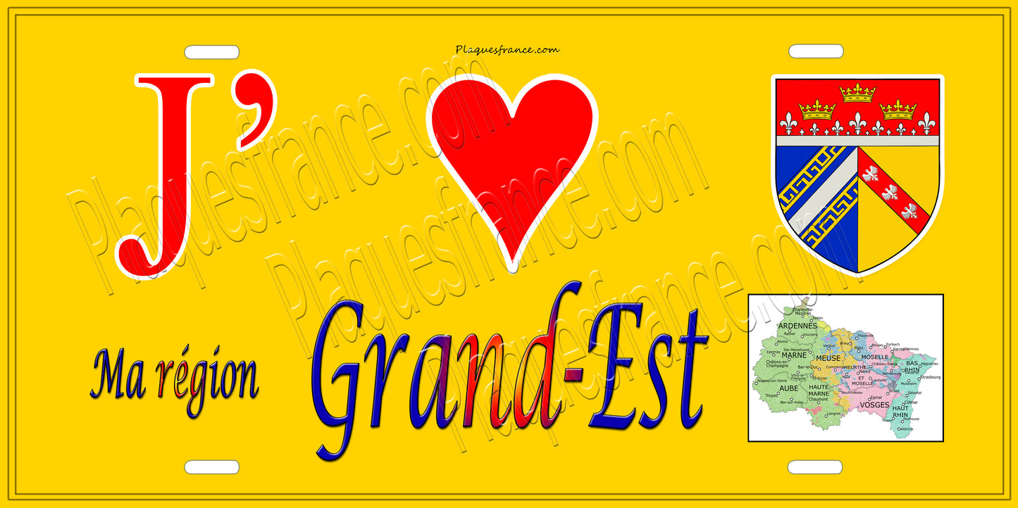 Plaque métal décorative 15 x30 cm jaune J' ❤️ la région Grand-Est