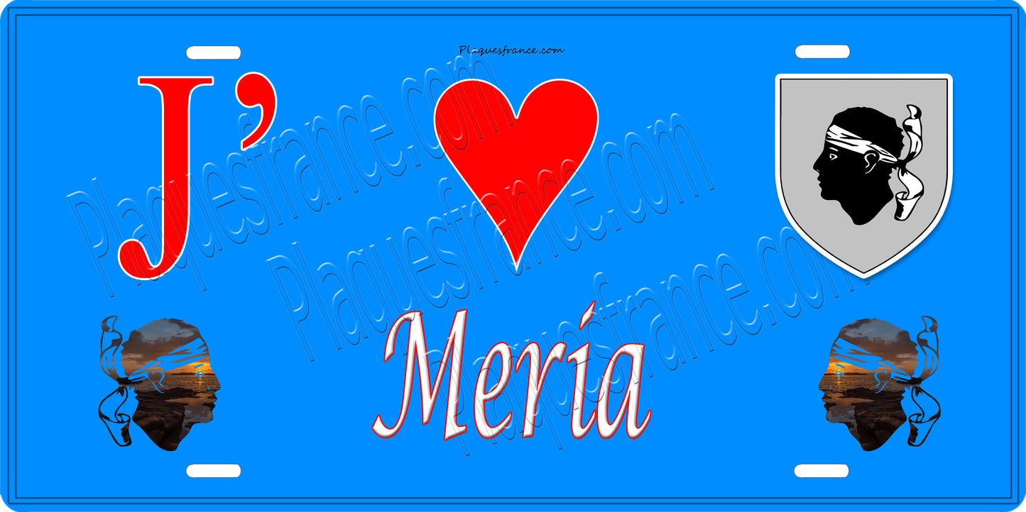 Plaque métal décorative 15 x 30 cm bleu J' ❤️ Meria Canton du Cap Corse Haute-Corse