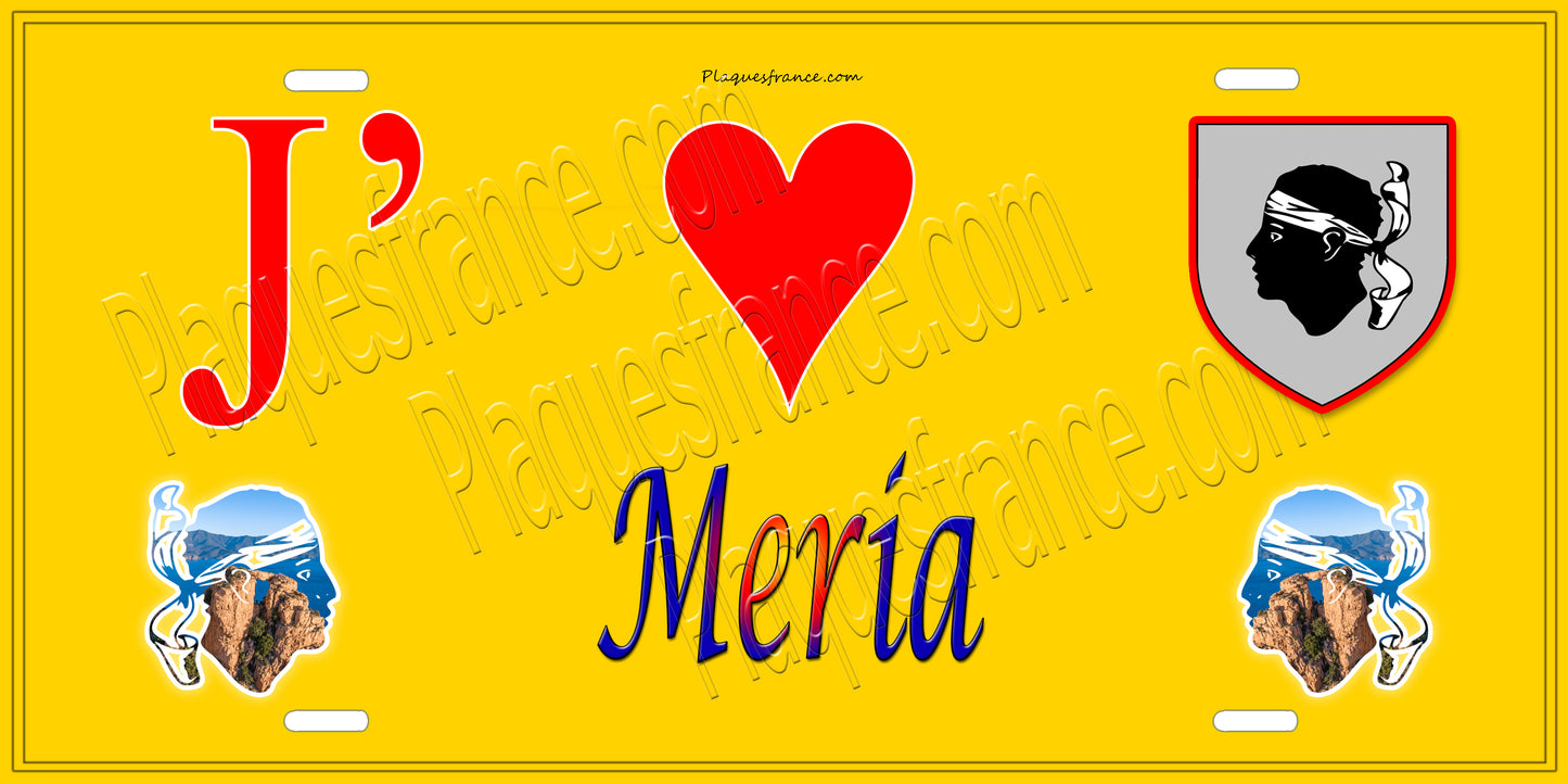 Plaque métal décorative 15 x 30 cm jaune J' ❤️ Meria Canton du Cap Corse Haute-Corse