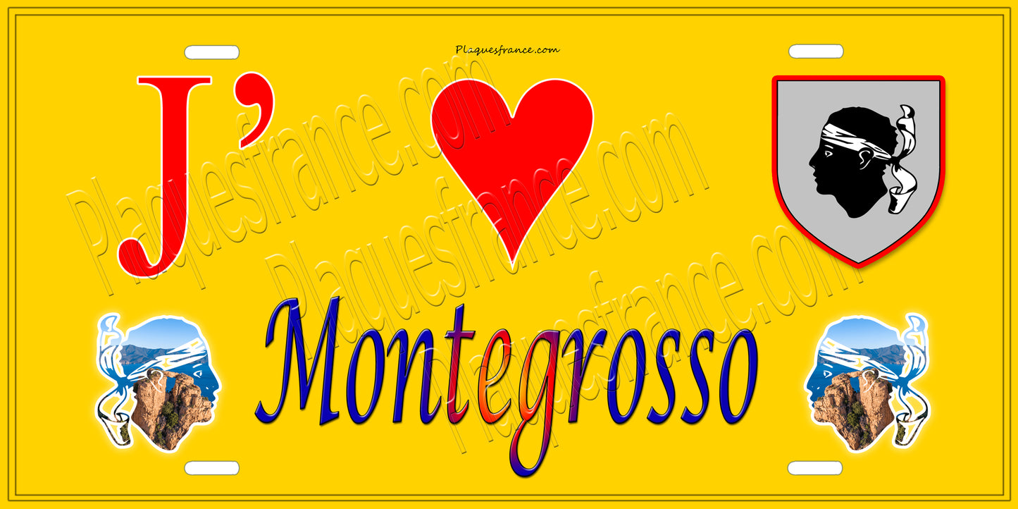 Plaque métal décorative 15 x 30 cm jaune J' ❤️ Montegrosso Canton de Calvi Haute-Corse
