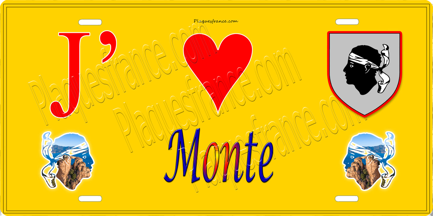 Plaque métal décorative 15 x 30 cm jaune J' ❤️ Monte Canton de Golo-Morosaglia Haute-Corse