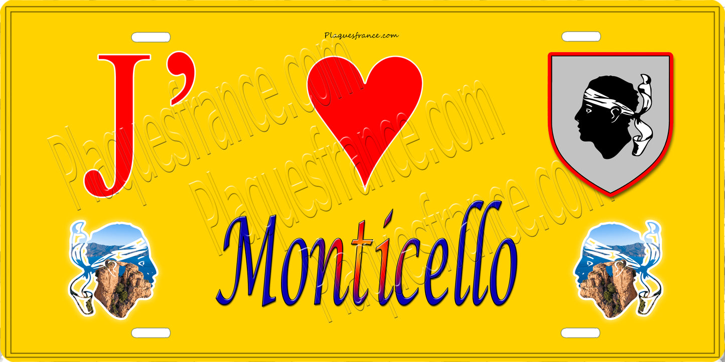Plaque métal décorative 15 x 30 cm jaune J' ❤️ Monticello Canton de l'Île-Rousse Haute-Corse
