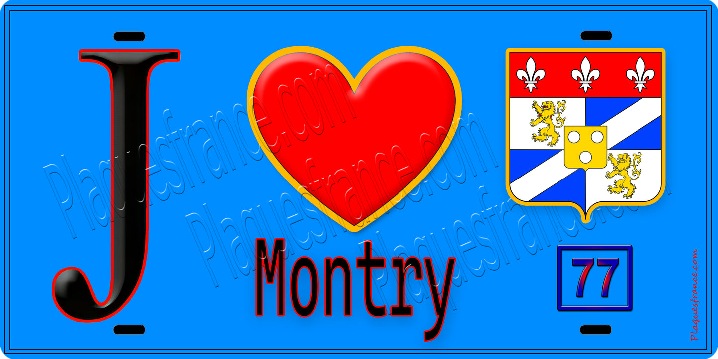 Plaque métal décorative J' ❤️Montry, Seine et Marne (77) fond bleu